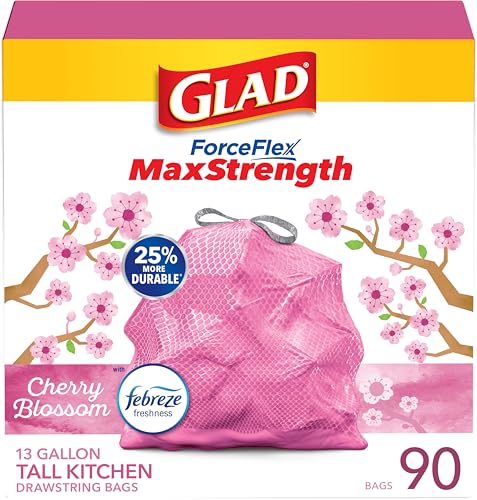 Glad ForceFlex MaxStrength Tall Kitchen Trash Bags, Rip and Tear Resistant, Cherry Blossoms Scented Pink Tall Garbage Bags, Odor Control, Febreze Freshness, 13 Gallon, 90 Count