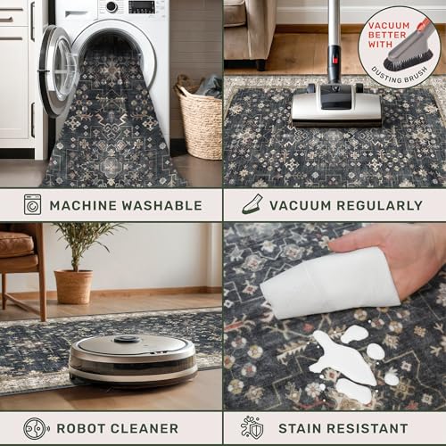 Black Boho Washable 2x6 Runner Rugs for Hallway Kitchen Bedroom Beside Laundry Room Bathroom Rug, Pet & Kids Friendly, Non Slip Low Pile Stain Resistant Soft Foldable Long 24 x 72 Floor Carpet