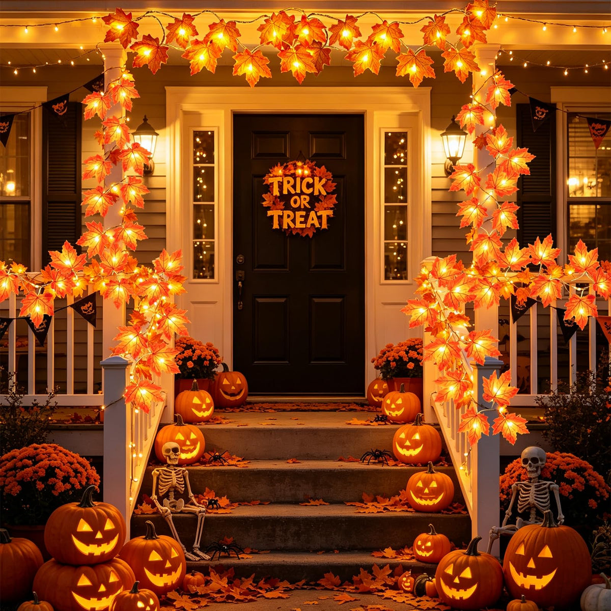 Fall Decor 2 Pack Fall Garland with Lights Enlarged Maple Leaves 20Ft 40LED | Halloween Thanksgiving Decorations, Battery Operated Waterproof Autumn String Lights Indoor Outdoor Fall Decorations for Home