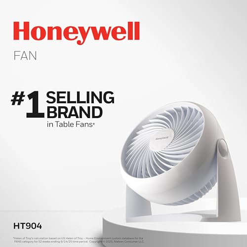Honeywell TurboForce Air Circulator, Small Tabletop Fan, Quiet Personal Fan for Home or Office, 3 Speeds, 90 Degree Pivoting Head, White, HT-904