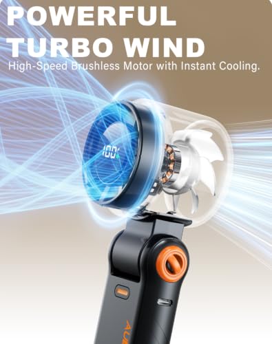 AUIIAH Portable Handheld Turbo Fan - 5 Speed Mini Personal Fan with Strong Airflow, Foldable 3 in 1 Rechargeable Battery Operated Trave Essentials Hand Fans for Indoor/Outdoor Use, Black
