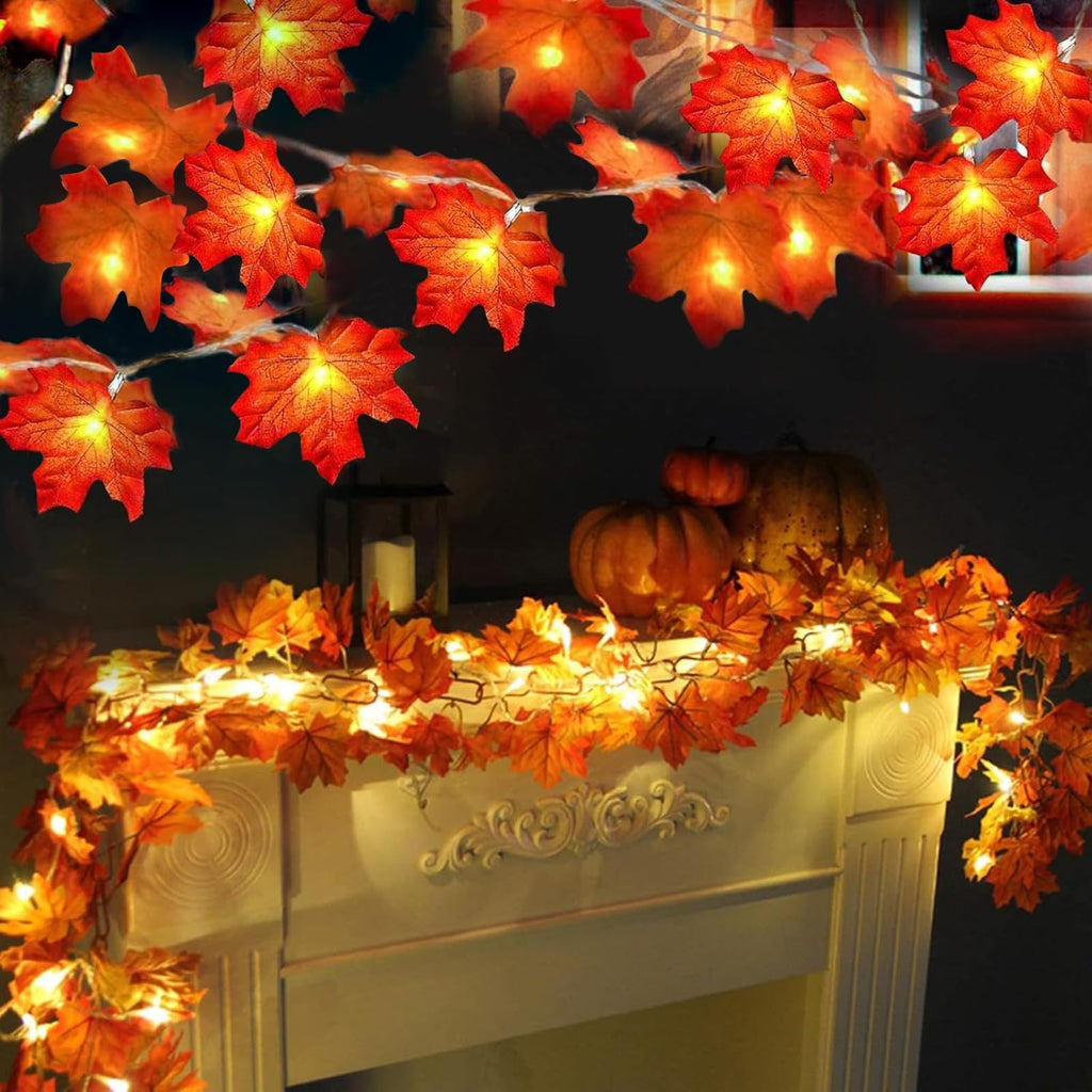Fall Decor 2 Pack Fall Garland with Lights Enlarged Maple Leaves 20Ft 40LED | Halloween Thanksgiving Decorations, Battery Operated Waterproof Autumn String Lights Indoor Outdoor Fall Decorations for Home