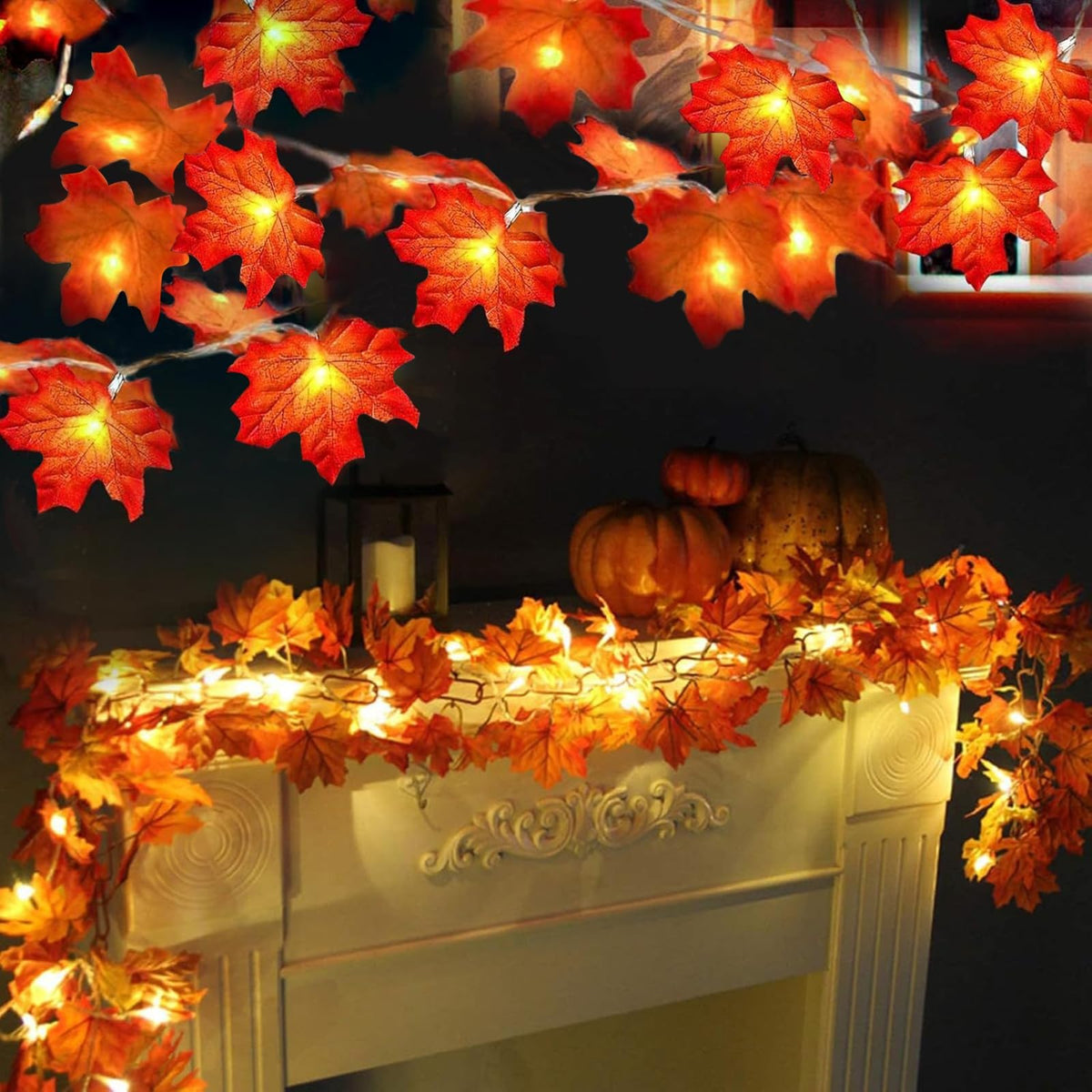 Fall Decor 2 Pack Fall Garland with Lights Enlarged Maple Leaves 20Ft 40LED | Halloween Thanksgiving Decorations, Battery Operated Waterproof Autumn String Lights Indoor Outdoor Fall Decorations for Home