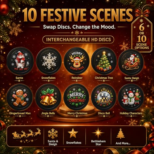 2027 New Plug and Play Hd Christmas Projector Indoor, 360°Adjustable Christmas Scene Projector Indoor, Holiday Projector for Bedroom, Gaming Room (10 Projection Films)