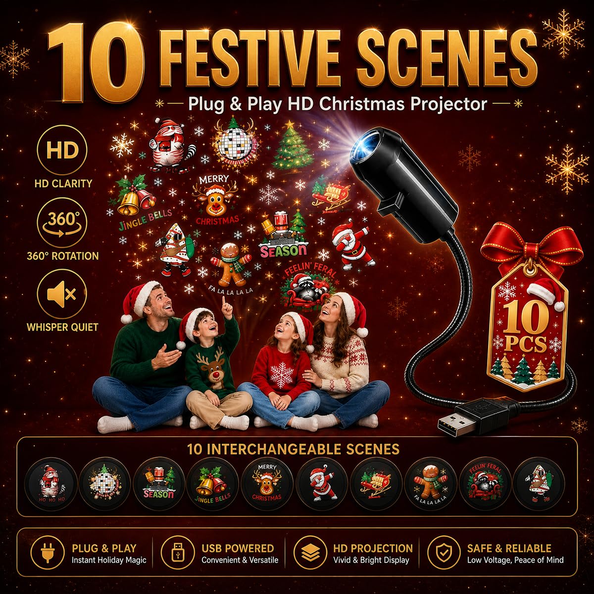 2027 New Plug and Play Hd Christmas Projector Indoor, 360°Adjustable Christmas Scene Projector Indoor, Holiday Projector for Bedroom, Gaming Room (10 Projection Films)