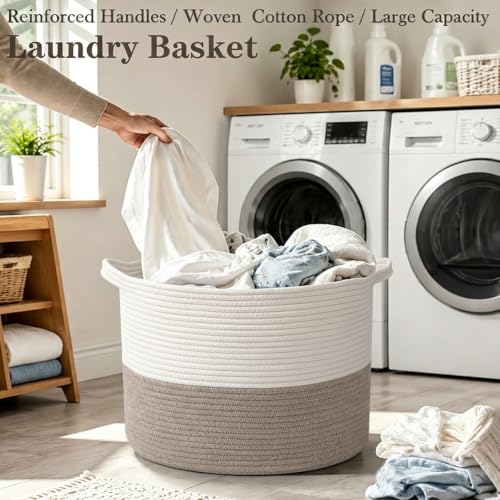 HZFTJOY Large Woven Blanket Basket,65L Cotton Rope Laundry Basket | Collapsible Nursery Storage Bin with Sturdy Handles for Clothes, Toys, Pillows, Living Room Bedroom Bathroom - White & Brown