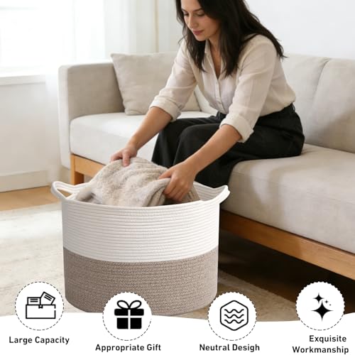 HZFTJOY Large Woven Blanket Basket,65L Cotton Rope Laundry Basket | Collapsible Nursery Storage Bin with Sturdy Handles for Clothes, Toys, Pillows, Living Room Bedroom Bathroom - White & Brown