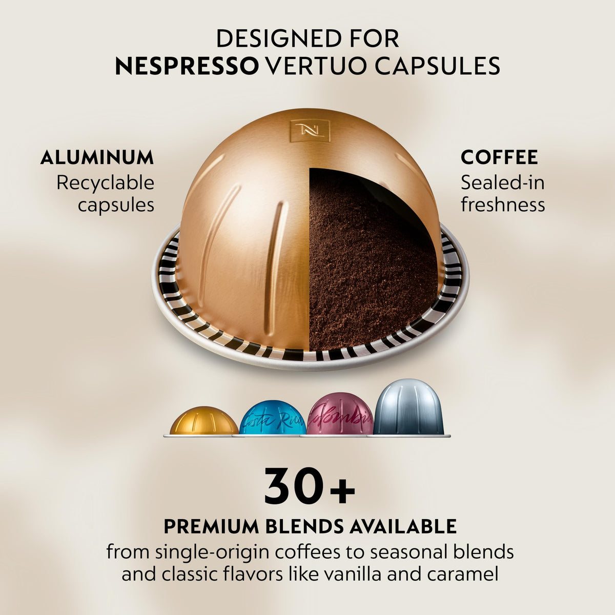 Nespresso Vertuo, Barista Flavored Pack, Medium Roast, 30-Count Coffee Pods | Medium-Roast Coffee Capsules, Caramel, roasted hazelnut and sweet vanilla flavors