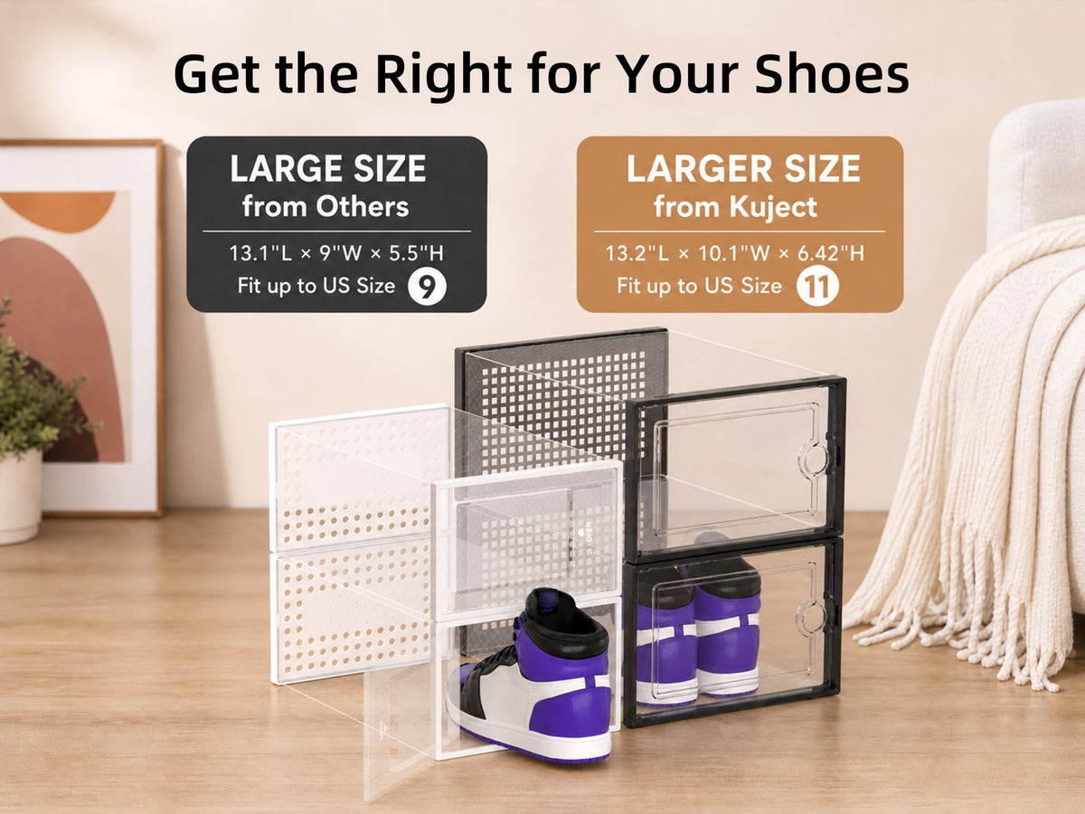 Kuject X-Large Shoe Storage Boxes 12 Pack, Clear Stackable Shoe Organizer | Drop-Front Space-Saving Shoe Cases for Closet, Entryway & Under-Bed Storage, Family Organizer,Black