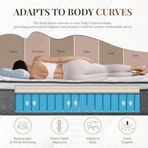 Queen Mattress, 12 Inch Queen Size Hybrid Mattresses in a Box | Medium Feel Foam and Individual Pocket Springs, Fiberglass Free Mattress, Extra Edge Support, Pressure Relief, CertiPUR-US