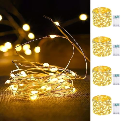 4 Pack Fairy Lights Battery Operated 16FT 50 LED String Lights Warm White | 6Hr On / 18Hr Off Timer, Flexible Waterproof Silver Wire, Cuttable Starry Fairy Light for Bedroom Dorm Wedding Home Christmas