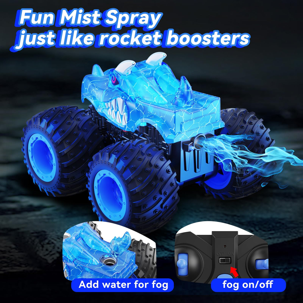 AUUGUU Remote Control Car, 2.4GHz Monster Trucks Toys with Light Spray, Birthday Gift for Kids 3 4 5 6 7 8, All Terrain RC Cars, Toys for Boys Girls 3+ Year Old