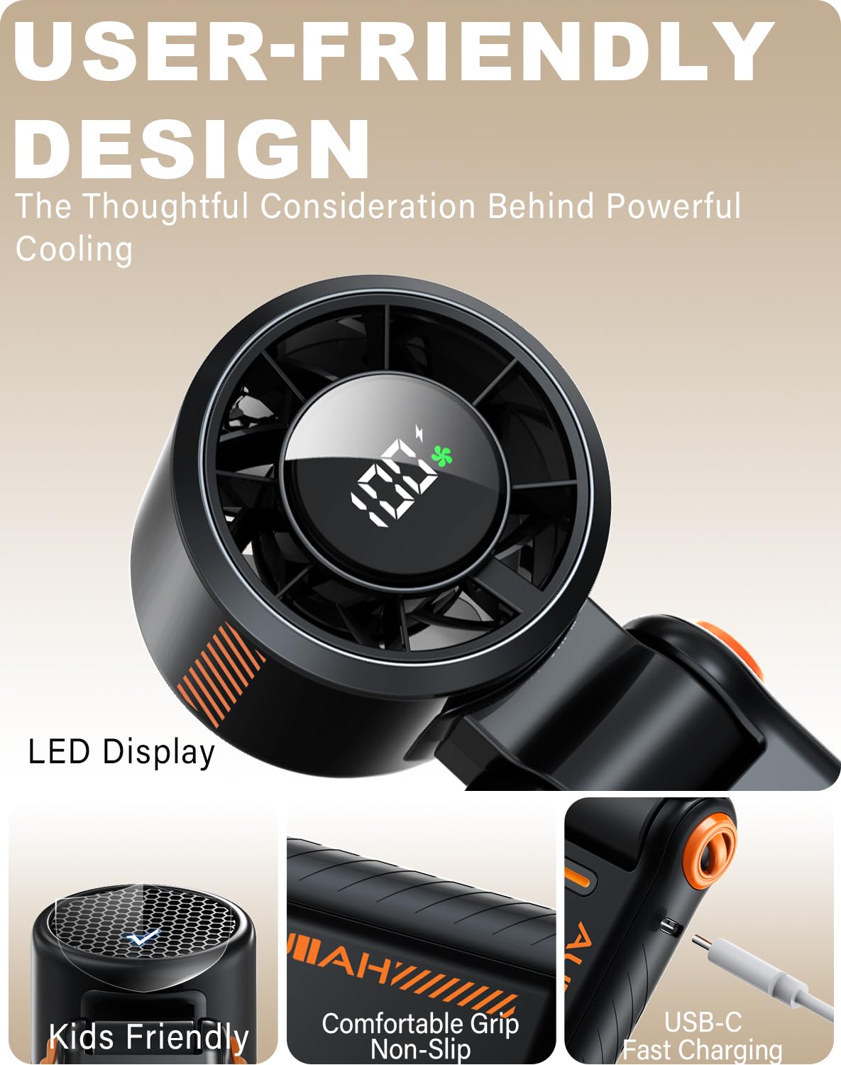 AUIIAH Portable Handheld Turbo Fan - 5 Speed Mini Personal Fan with Strong Airflow, Foldable 3 in 1 Rechargeable Battery Operated Trave Essentials Hand Fans for Indoor/Outdoor Use, Black