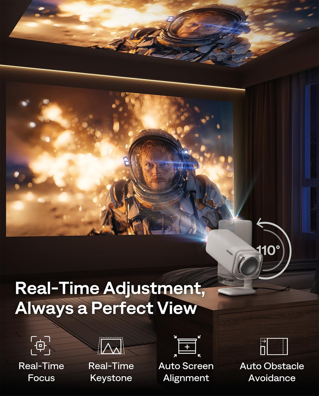 Aurzen BOOM Air Google TV Portable Projector with USB-C Powered, Off-White | Smart Projector with WiFi and Bluetooth, for Outdoor & Home Movie, 4K Supported, Real-Time Focus, Dolby Audio, Flexible Stand