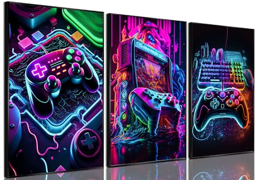 BGFCE Game Room Decor Posters Set of 3 - Neon Gaming Accessories Theme Canvas Wall Art, Gamer Console Paintings Picture Wall Decor for Children Youth Boys Bedroom 12x16 inch Unframed
