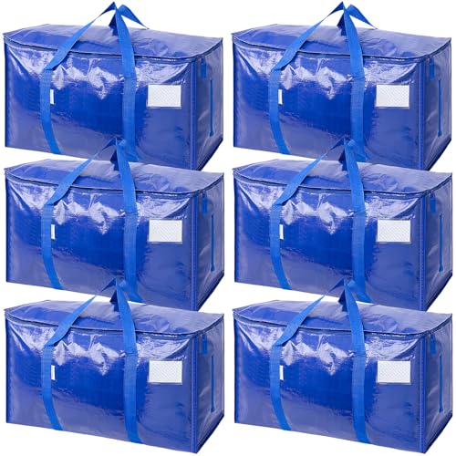 TICONN 6 Pack Extra Large Moving Bags Heavy Duty with Zippers & Carrying Handles, Durable Storage Bags Moving Boxes for Closet Organizers and Storage (6 Pack, Blue)