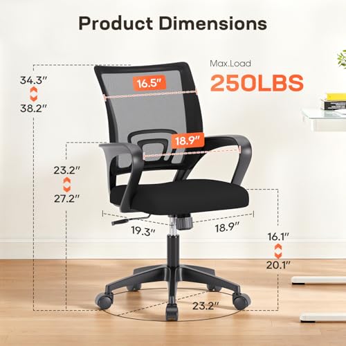 BestOffice Ergonomic Office Chair | Mid-Back Swivel Desk Chair | Dark Black | with Lumbar Support, Adjustable Height & Breathable Backrest | Sponge Seat & Rolling Wheels | for Home, Office | Pack of 1
