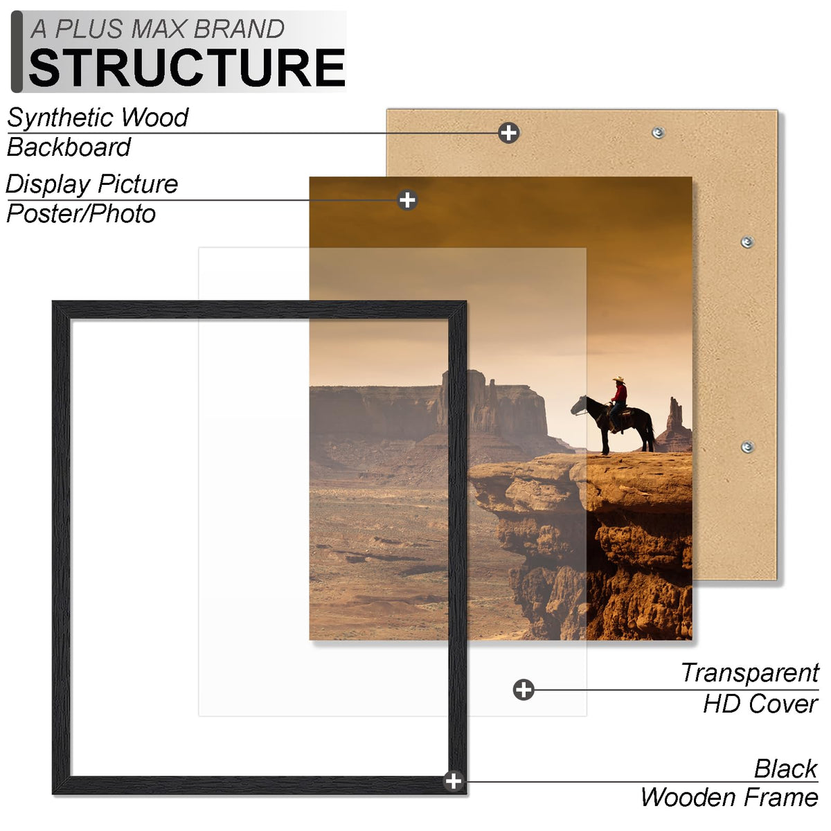 A PLUS MAX 16x20 Picture Frame Black Light Weight Wall Mount | 16 x 20 Inch Black Wood-grain Engineered Wood Material Frame for 16by20 Rectangular Photo Poster - 1 Pack/Black/16x20