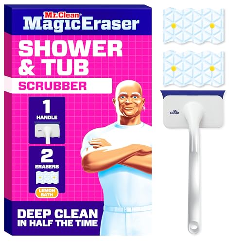 Mr. Clean Magic Eraser Shower & Tub Scrubber, Bathroom Cleaner, All in One Bathroom Cleaner, Lemon Starter Kit, 1 Scrubber & 2 Foaming Magic Erasers