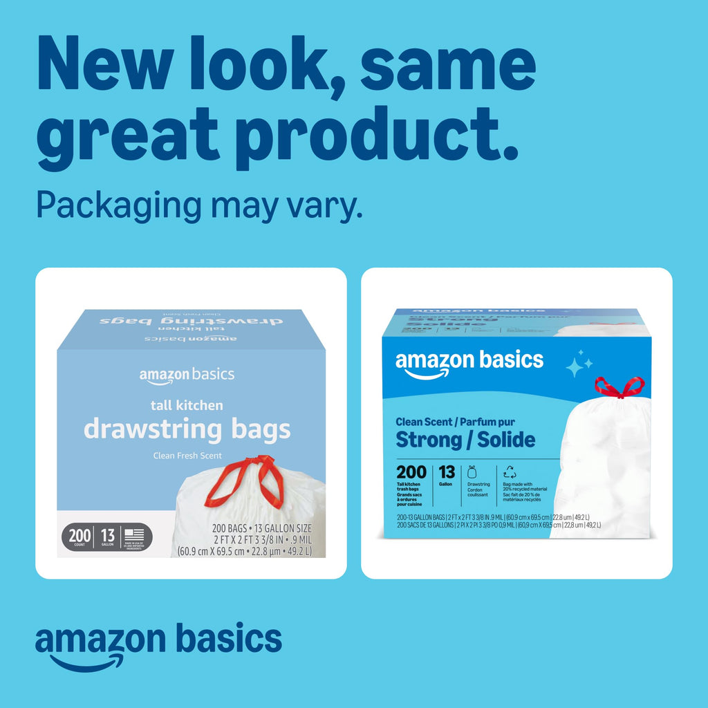 Amazon Basics Scented Trash Bags, Tall Kitchen Drawstring, Clean Scent, 13 Gallon, 200 Count, Pack of 1, Packaging May Vary