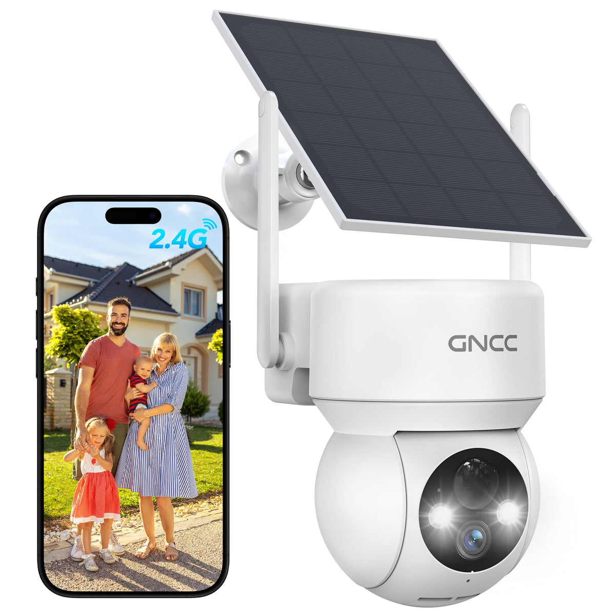 GNCC Solar Security Cameras Wireless Outdoor 2.4G WiFi, SD/Cloud Storage | Solar & Battery 360° Security Cameras, Color Night Vision, PIR Motion Detection, Spotlight & Siren Alarm, IP65 Waterproof