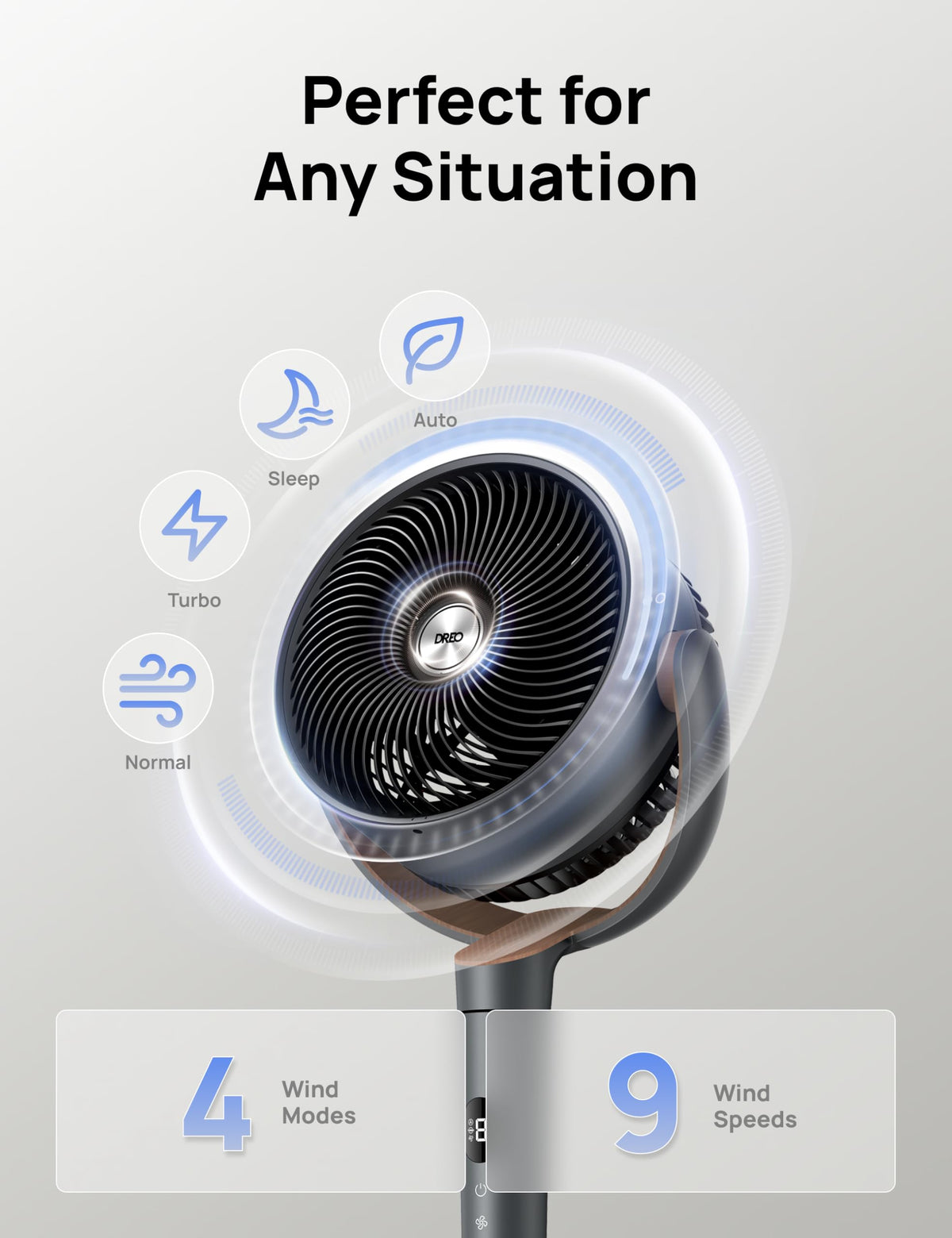 DREO Pedestal Fan for Bedroom, 100ft Airflow, Quiet DC Motor Standing Fan | 9 Speeds & 4 Modes, 120° Manual Vertical Tilt Floor Fan, 37-42" Adjustable Height, 8H Timer for Home Office