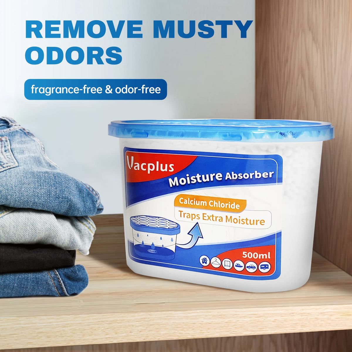 Vacplus Moisture Absorber, 10.5 OZ, Strong Absorption, Fragrance Free | Closet, Bathroom, Car, Odor Eliminator, Dehumidifier Bucket, 6 Pack
