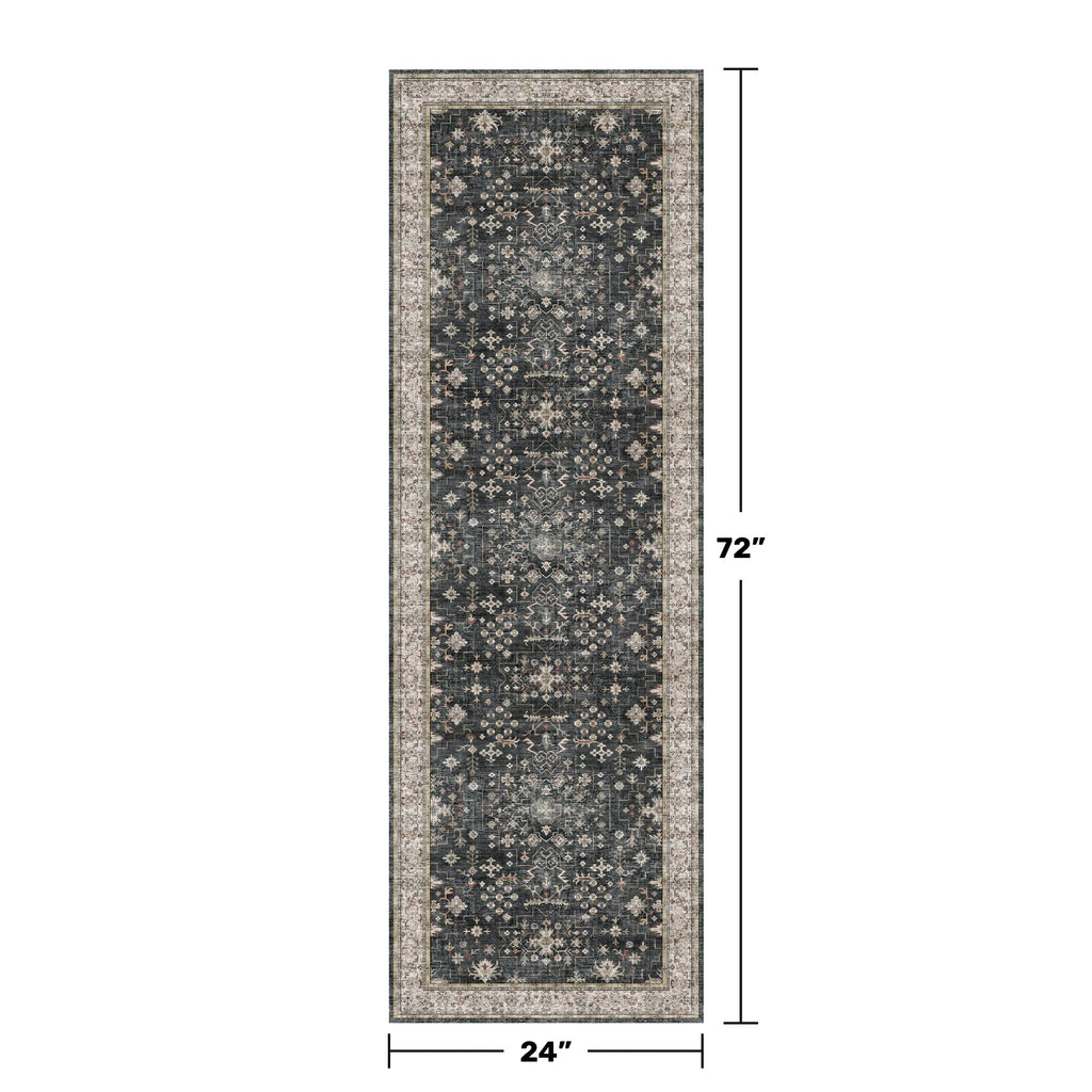 Black Boho Washable 2x6 Runner Rugs for Hallway Kitchen Bedroom Beside Laundry Room Bathroom Rug, Pet & Kids Friendly, Non Slip Low Pile Stain Resistant Soft Foldable Long 24 x 72 Floor Carpet