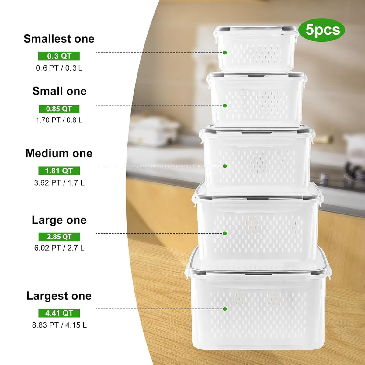 5 PCS Large Fruit storage Containers for Fridge ,Food Storage Containers | with Removable Colander Leakproof Dishwasher & Microwave safe Produce Containers Keep Fruits Vegetables Berry Fresh longer