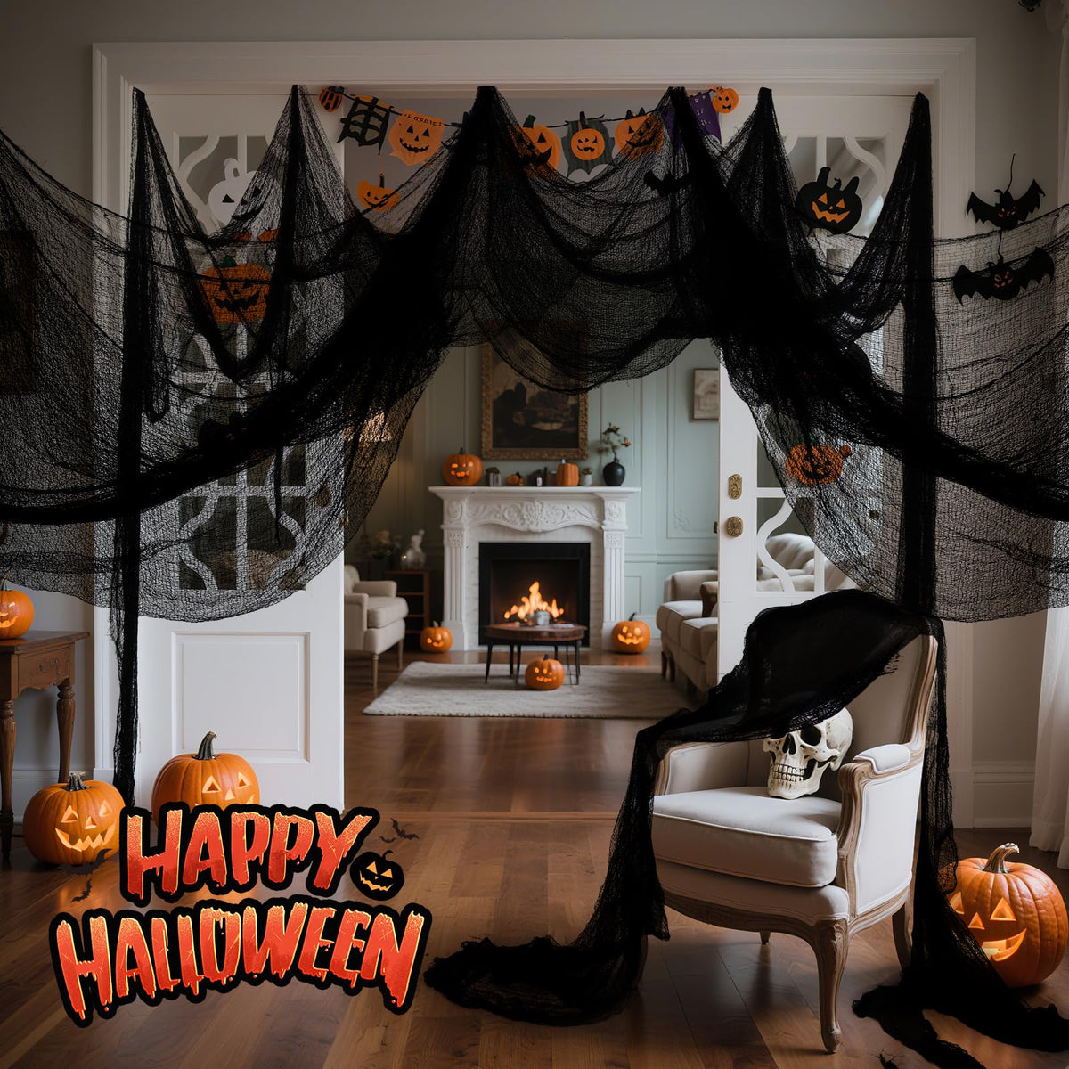 Land Guard Halloween Creepy Cloth Black 200 × 40 Inch Gauze Fabic | Gothic Halloween Decorations for Indoor Outdoor Haunted House Party, Easy to Hang, Cut at Will, Photo Backdrop