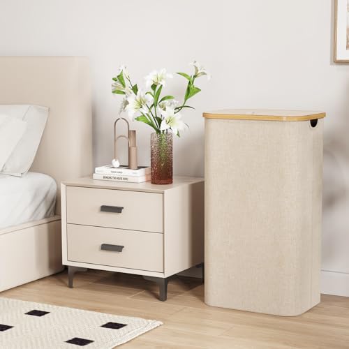 Lifewit 105L Large Laundry Basket with Lid, Removable Bags, Beige | Foldable Laundry Hamper with Bamboo Handles, Tall Laundry Bin, Dirty Clothes Hamper for Laundry Room, Bedroom, Bathroom, Dorm