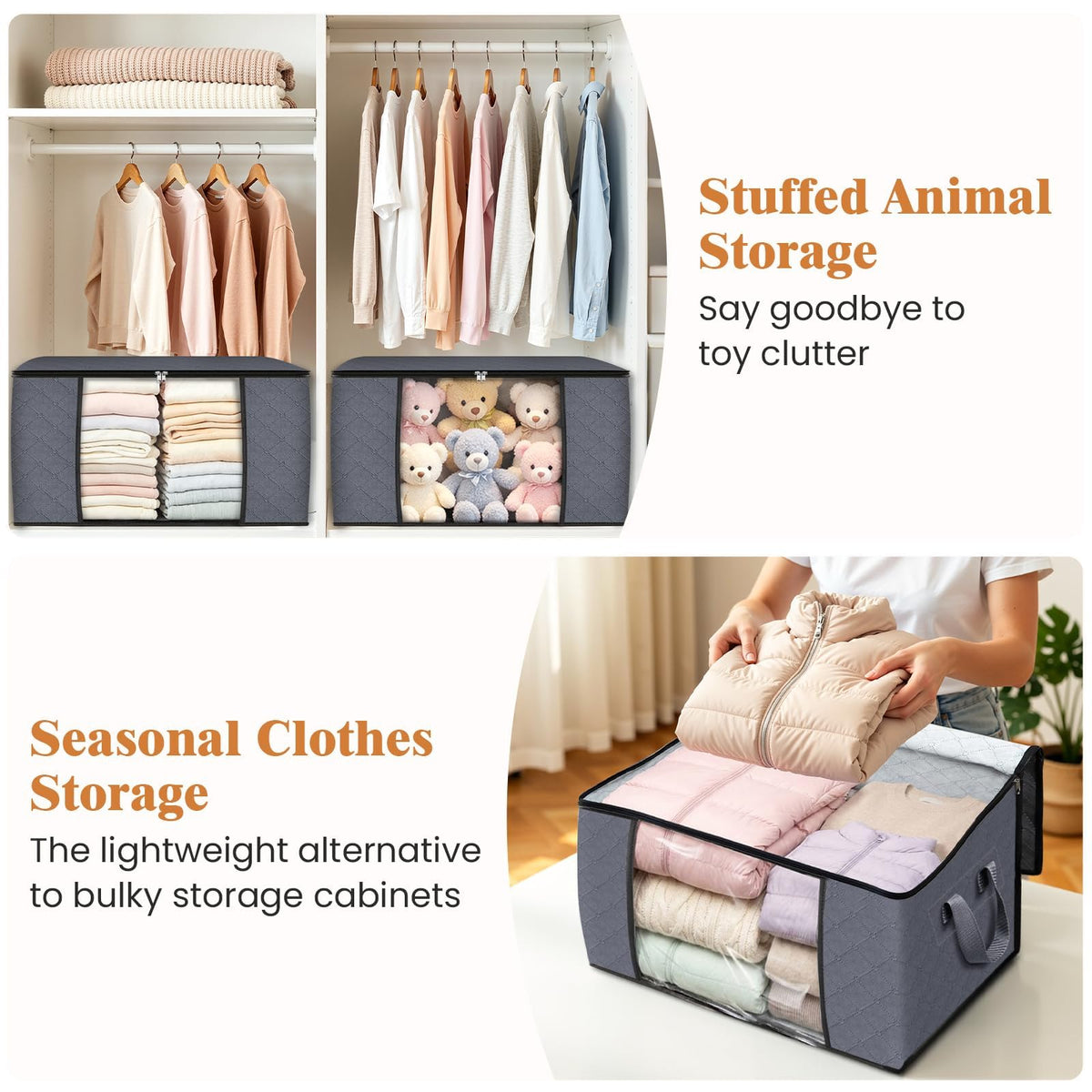 Fab totes 6 Pack Storage Bags for Clothes Blanket Storage Bins with Lids | Foldable Closet Organizers with Zippers,Window and Handles,Fabric Storage Bins for Sweater,Comforter,Bedding,Dorm essentials