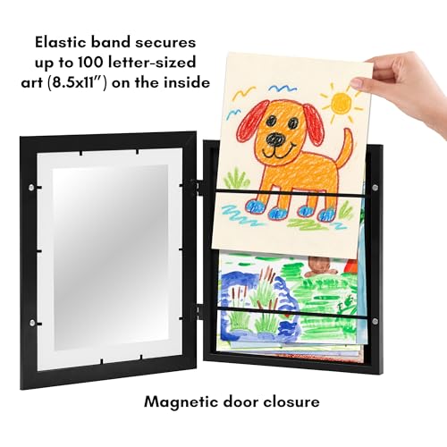 Americanflat 8.5x11 Changeable Kids Art Frame 2-Pack - Black | Holds 100 art pieces, magnetic front door, built-in keyholes for wall display, stores finished artwork