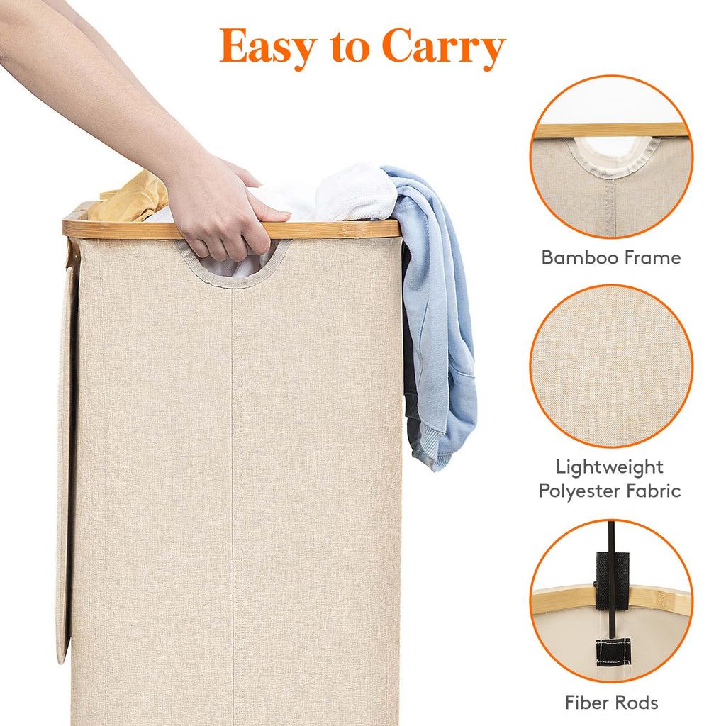 Lifewit 105L Large Laundry Basket with Lid, Removable Bags, Beige | Foldable Laundry Hamper with Bamboo Handles, Tall Laundry Bin, Dirty Clothes Hamper for Laundry Room, Bedroom, Bathroom, Dorm